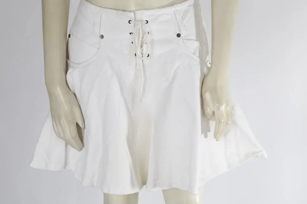 Vintage Contempo Casuals 90s White Lace-Up Front Drop-Waist Flare Mini Skirt S
